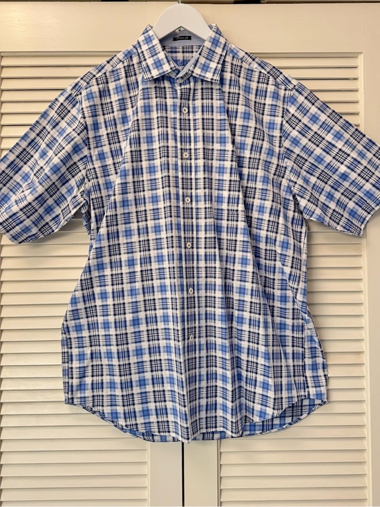 Bugatchi Other - Men’s Bugatchi Blue and White Plaid Short-Sleeve Button-Front Shirt